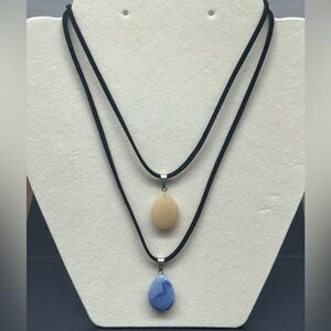 Set of 2 Natural Stone Drop Pendant Suede & Faux
Leather String Cord Necklaces